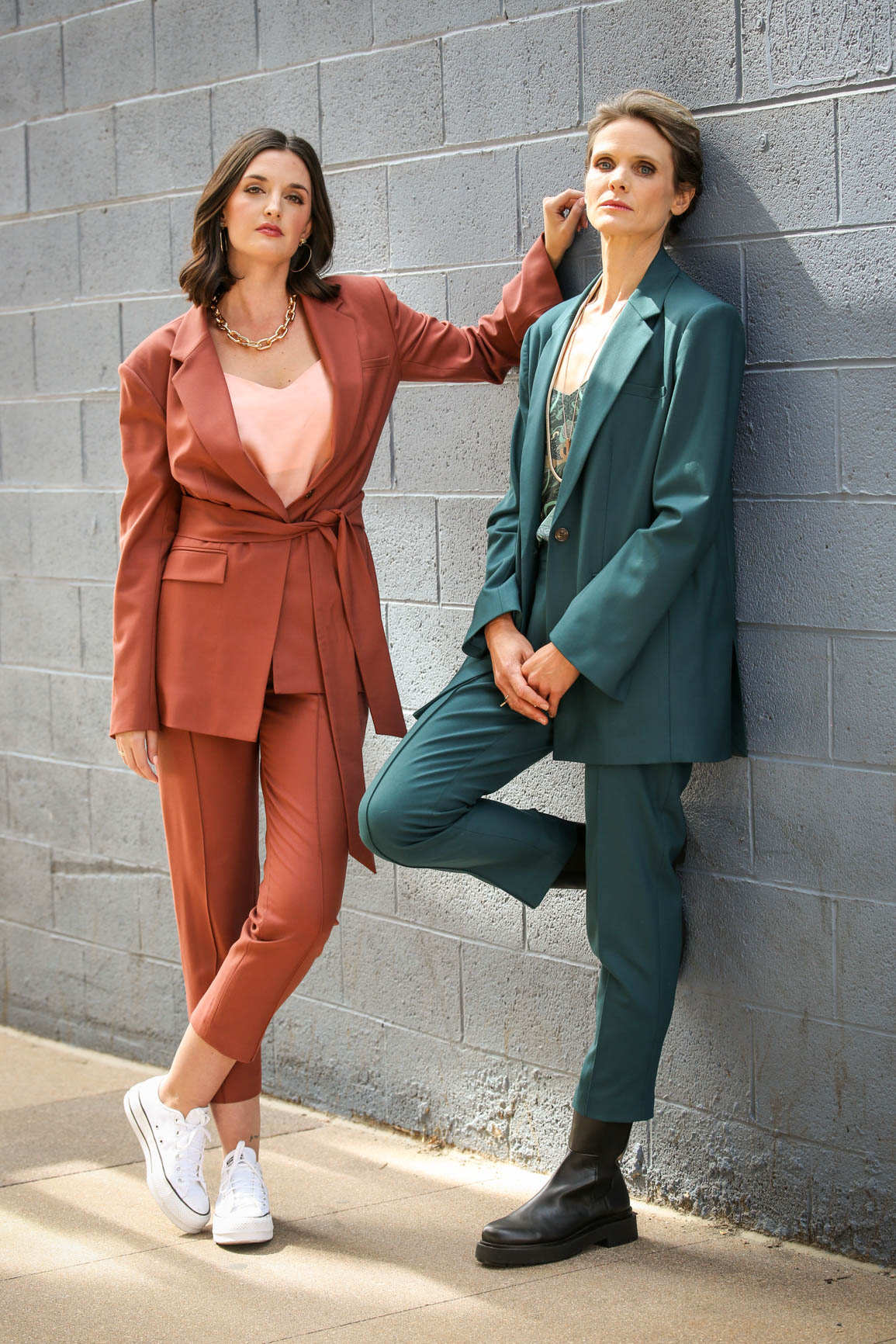 Colorado models wear Glenn + Glenn Italian Wool women's suiting sets featuring Hilary Hadden. 